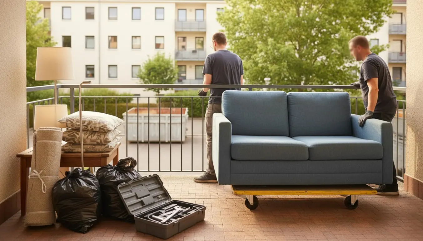 Altan med sofa og mindre møbler klargjort til storskrald, med en storskraldscontainer i baggrunden.