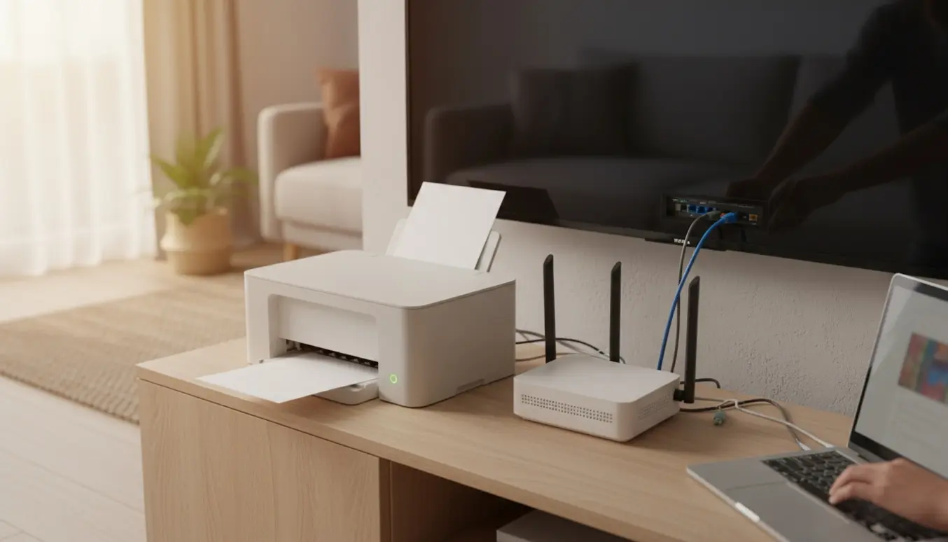 Hænder opsætter en trådløs printer og tilslutter et tv til en router i en hjemmestue.
