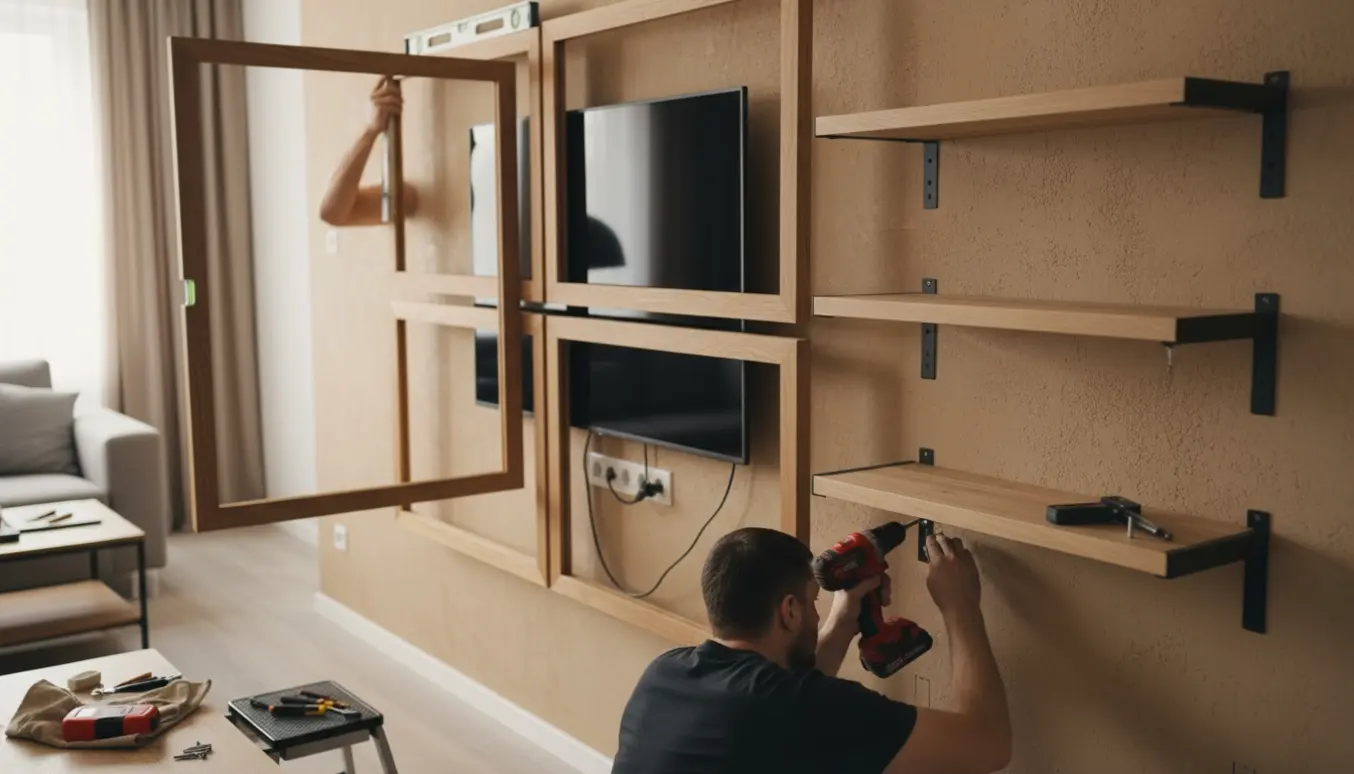 Fire billeder og to hylder monteres på en væg ved siden af et vægmonteret tv, hvor ledninger skjules i en kabelkanal.