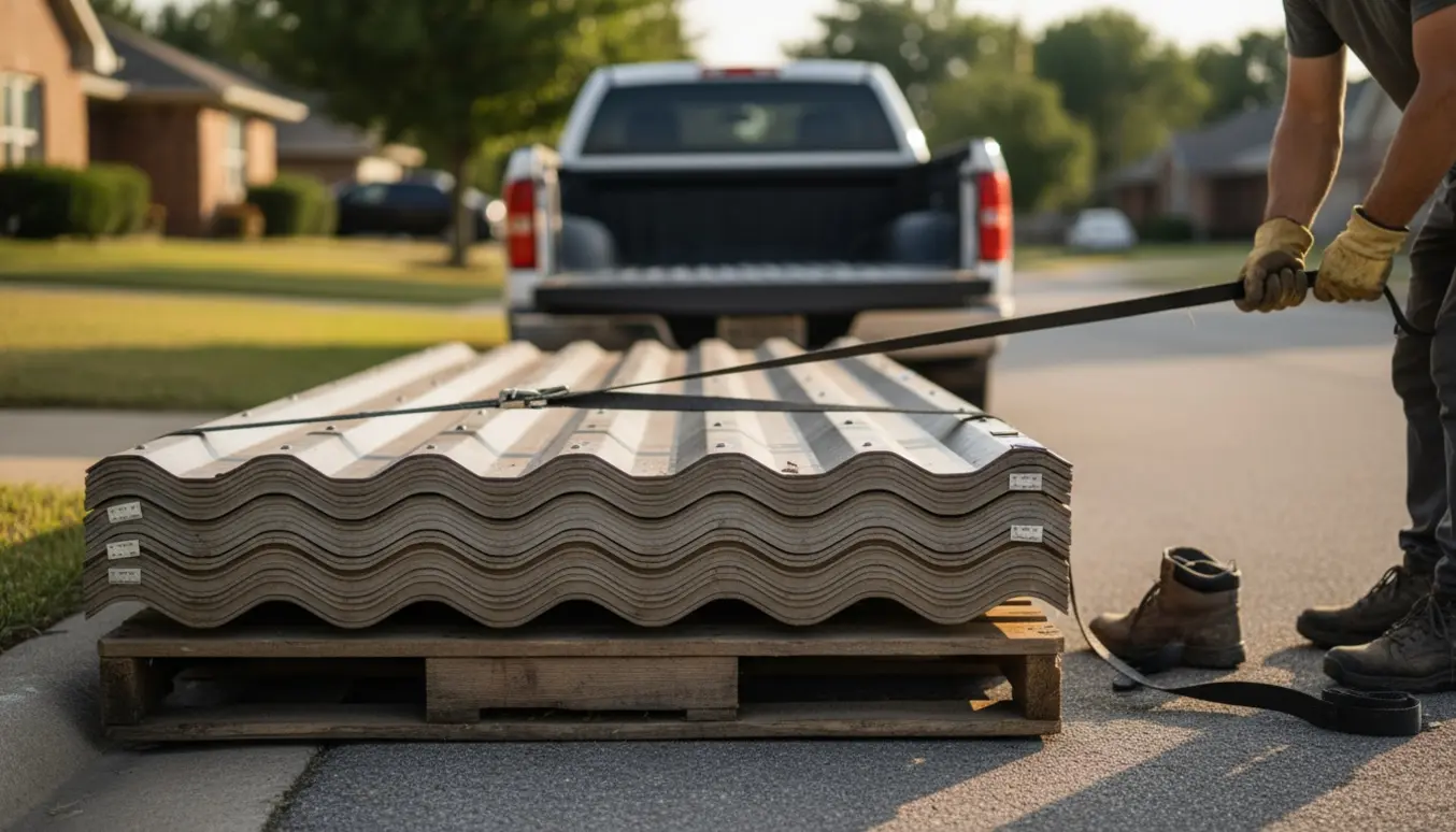 En palle tagplader ved fortovet klar til storskrald, mens arbejdshænder spænder en strop.