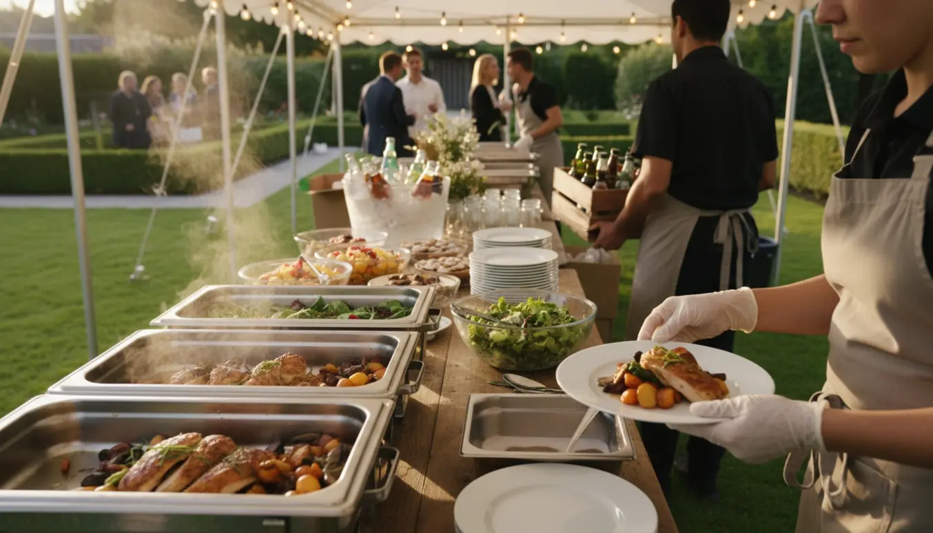 Serveringspersoner anretter buffet i have-telt med drikkevarer og opvask i baggrunden.