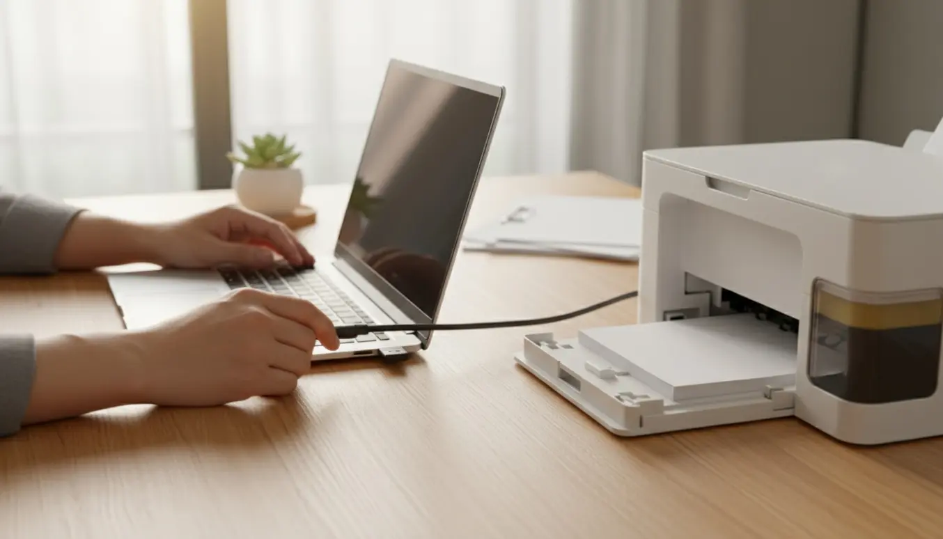Hænder forbinder en bærbar VivoBook S14 til en kompakt Epson-blækprinter med et USB-kabel.