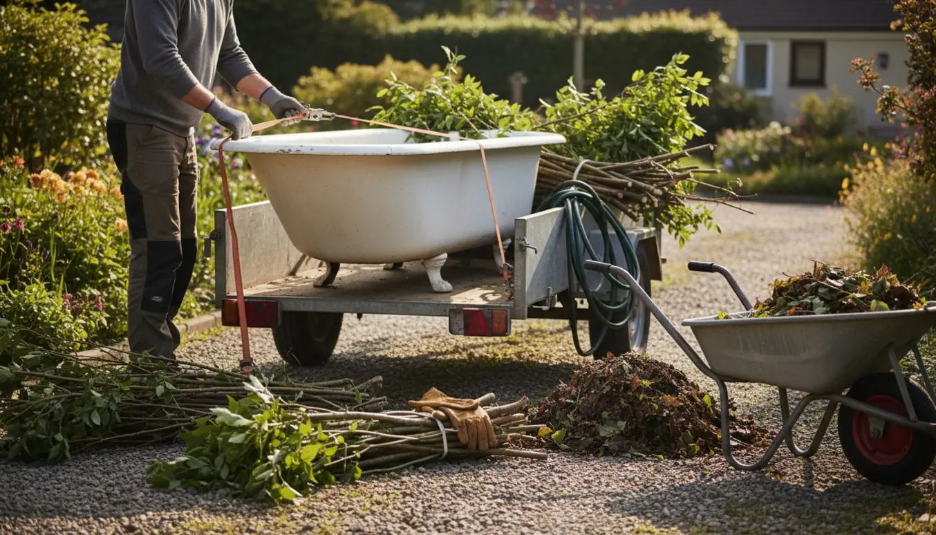 Et gammelt badekar og afklippede grene bliver læsset på en trailer ved indkørslen under en rydning af haveaffald.