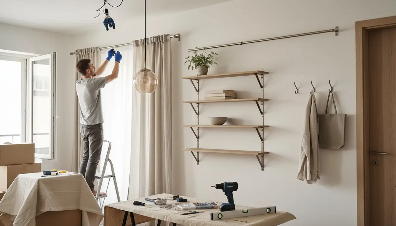 Nyindflyttet lejlighed med monterede gardinstænger, små hylder, knager og en person uden synligt ansigt, der monterer en loftslampe.