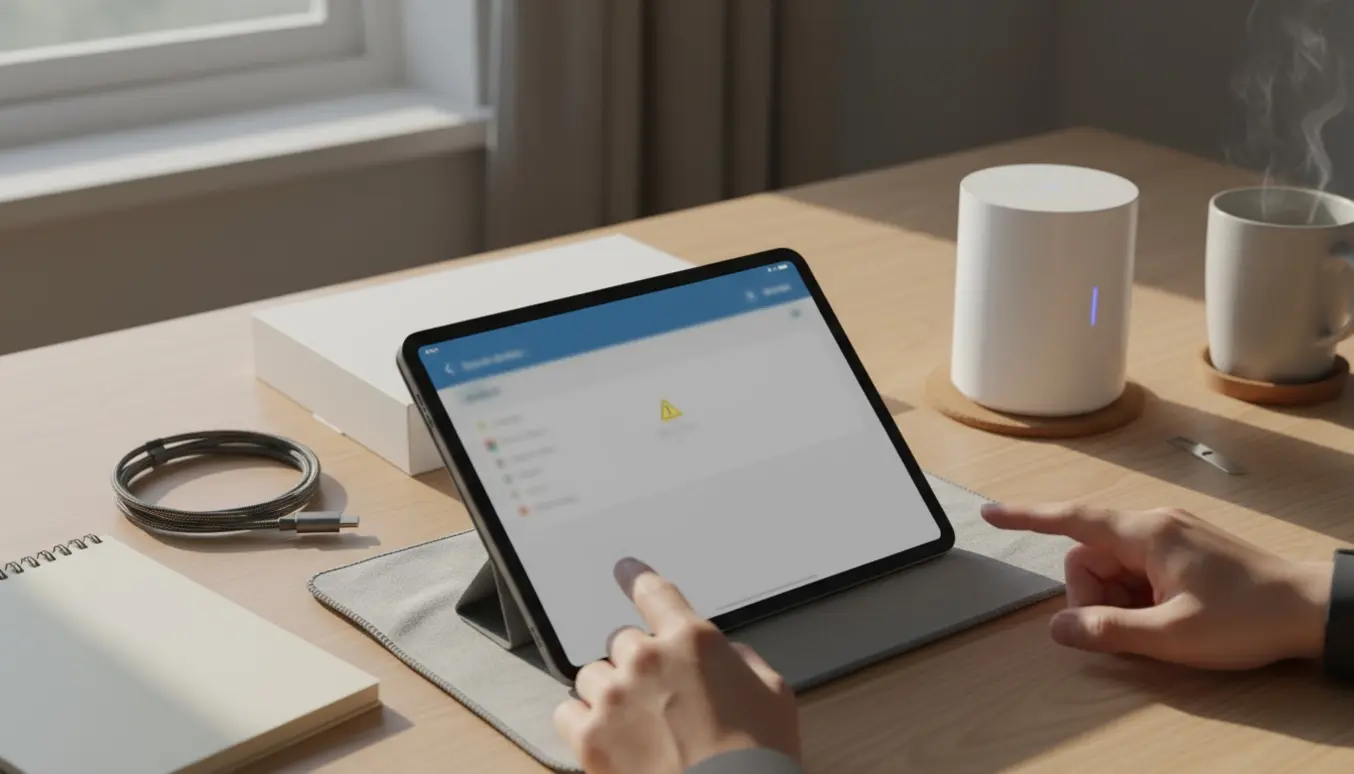 Person ved skrivebord forsøger at få en ny iPad til at modtage mail med åben æske og router i baggrunden.