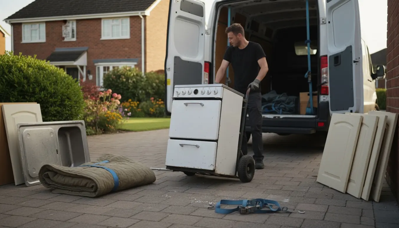 To personer læsser en gammel ovn og afmonterede køkkenskabe ind i en varevogn i indkørslen.