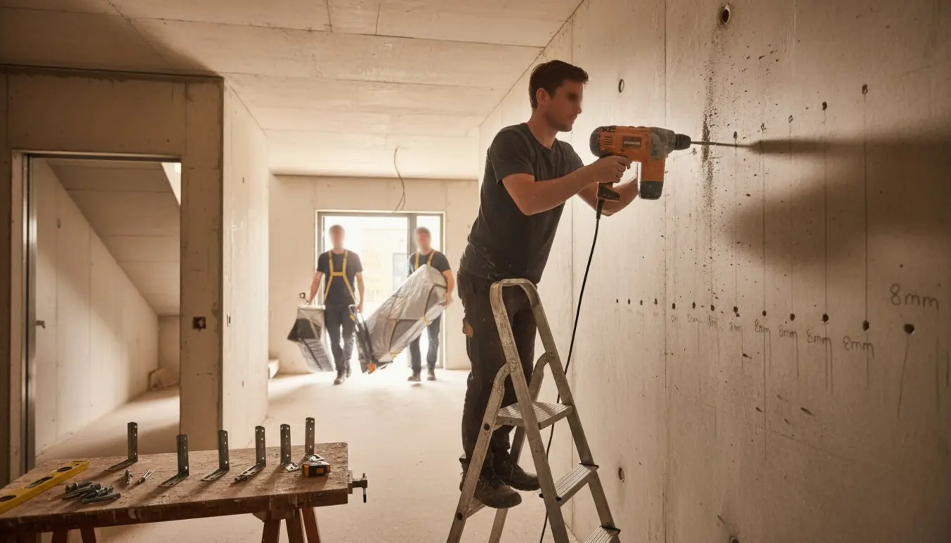 Montør på stige borer i betonvæg for at montere vægskab, mens to personer bærer en madras og bordplade ned ad trappe mod gaden.