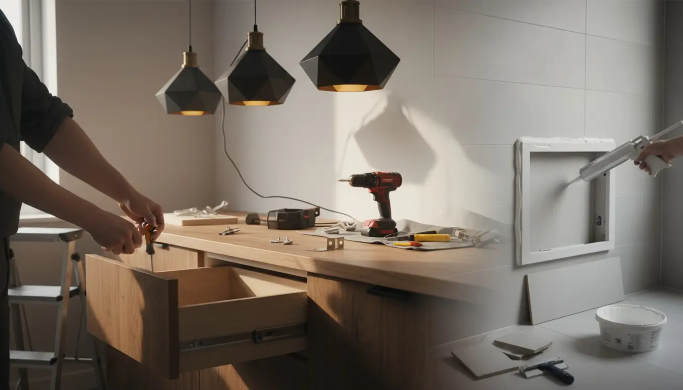 Nærbillede af hænder, der monterer pendellamper, reparerer en skuffe og fuger et flisepanel ved cisterne.