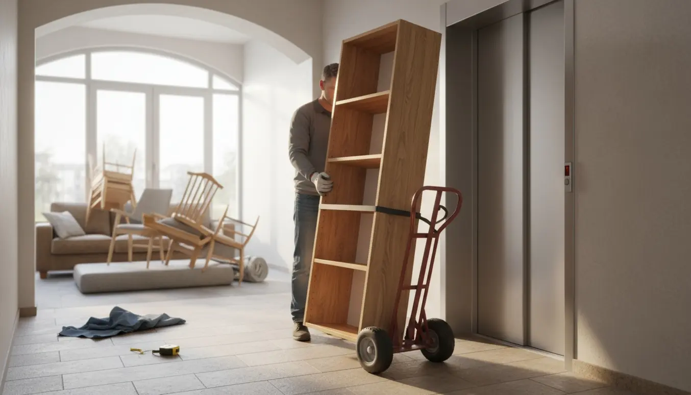 En stor træreol på sækkevogn i en opgang, klar til at blive kørt ud til storskraldsområdet.