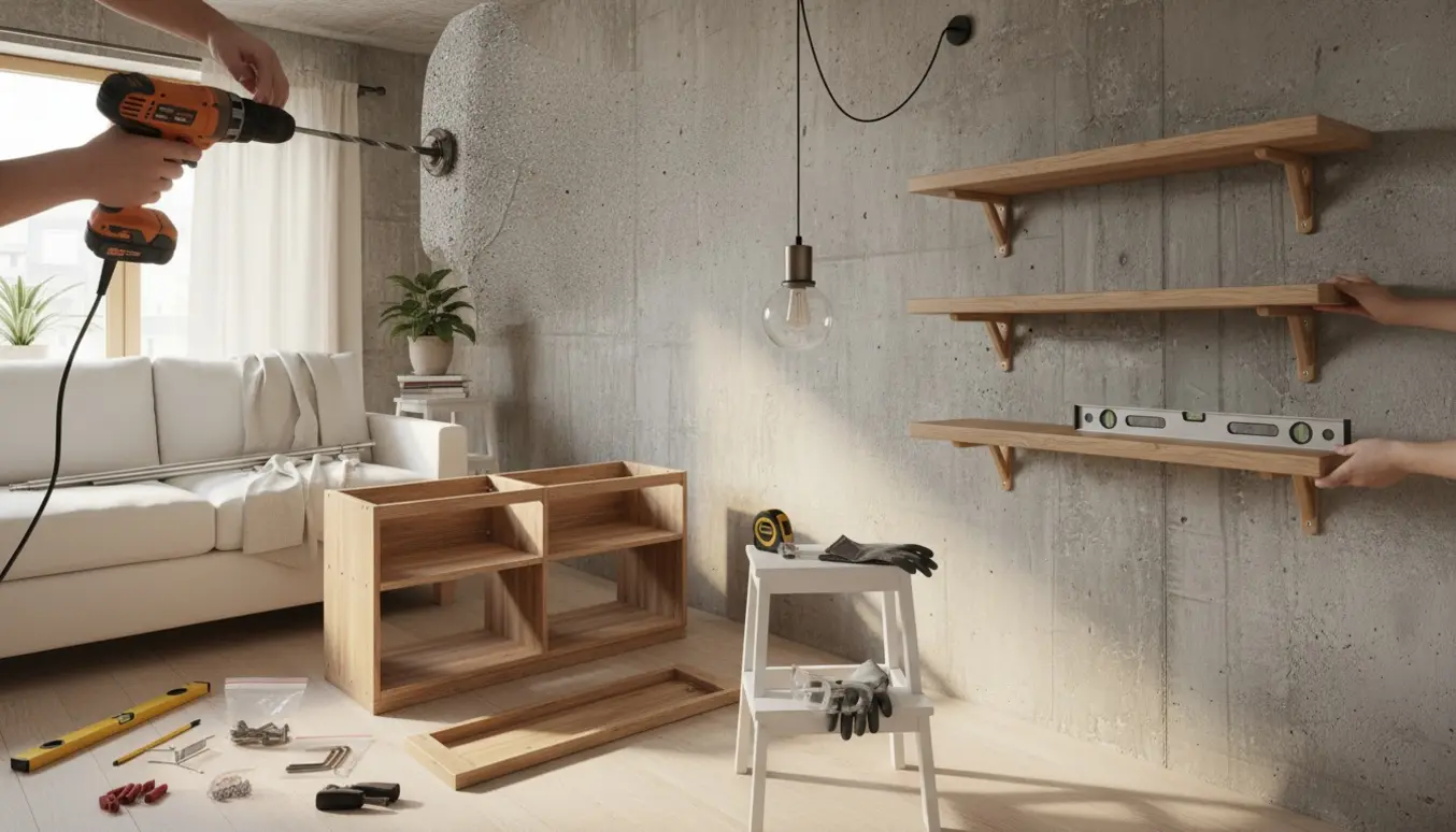 Hænder monterer gardinstang, lampe og tre hylder på en rå betonvæg med værktøj omkring.