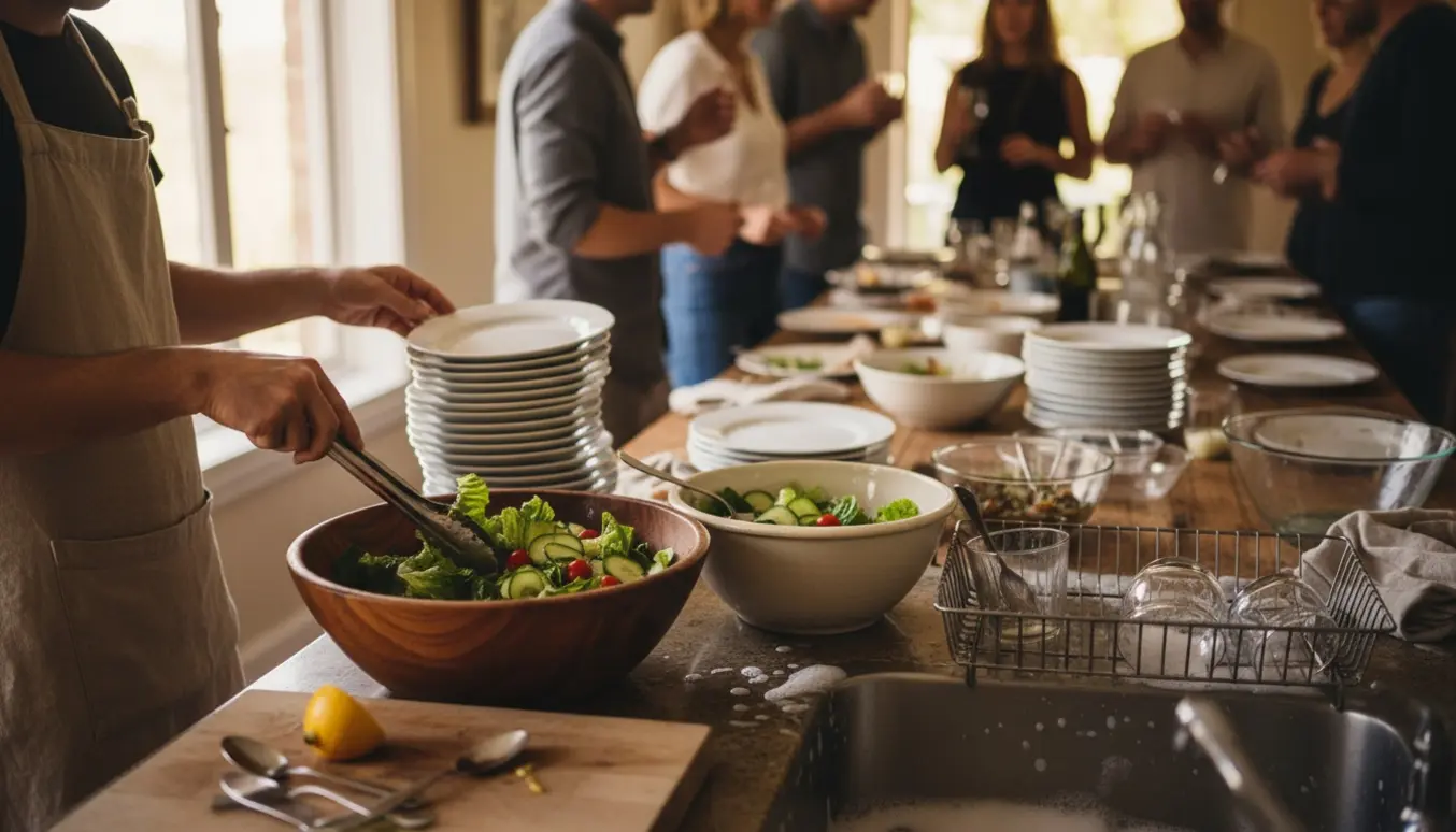 Hænder i forklæder fylder salatskåle og rydder service i et lyst køkken under et travlt selskab.