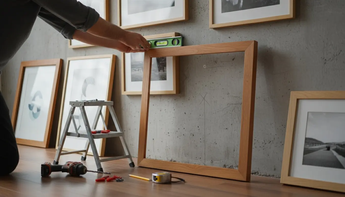 Hænder hænger syv mellemstore rammer op på en betonvæg med værktøj og vaterpas i forgrunden.