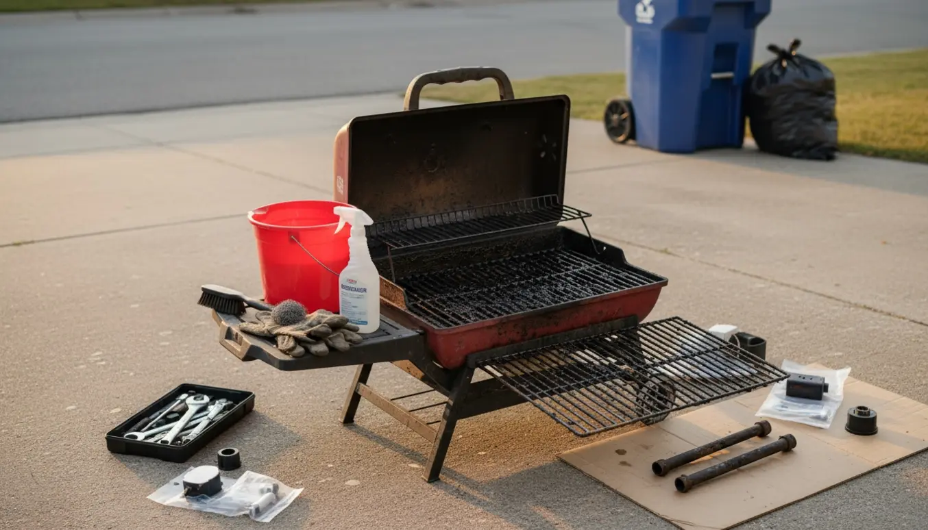 Person med handsker rengør en snavset, ældre gasgrill på indkørslen med børster og værktøj ved siden af.