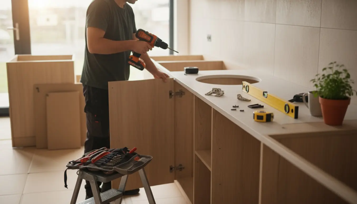 Hænder monterer en køkkenlåge med boremaskine i et delvist opsat hjemmekøkken i naturligt lys.