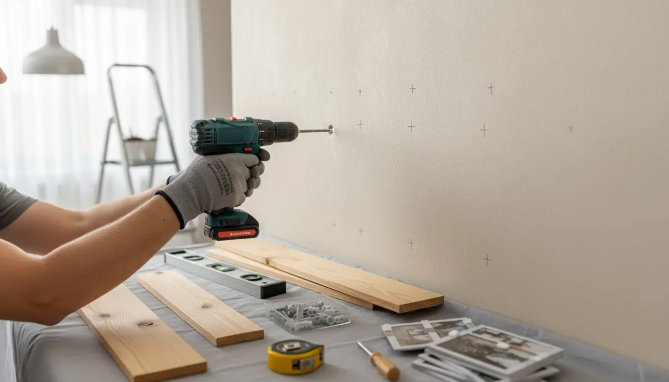 Hænder borer huller i væg for at montere smalle hylder og hænge små billedrammer, med værktøj og plastikankre i et lyst rum.