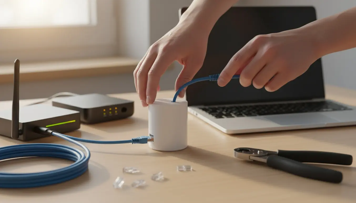 Hænder tilslutter et Ethernet-kabel til en hvid Wi‑Fi-forstærker på et skrivebord med modem og router i baggrunden.