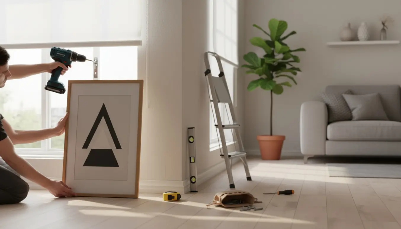 Nærbillede af hænder, der monterer persienne og hænger billeder på en lys væg i en moderne stue.