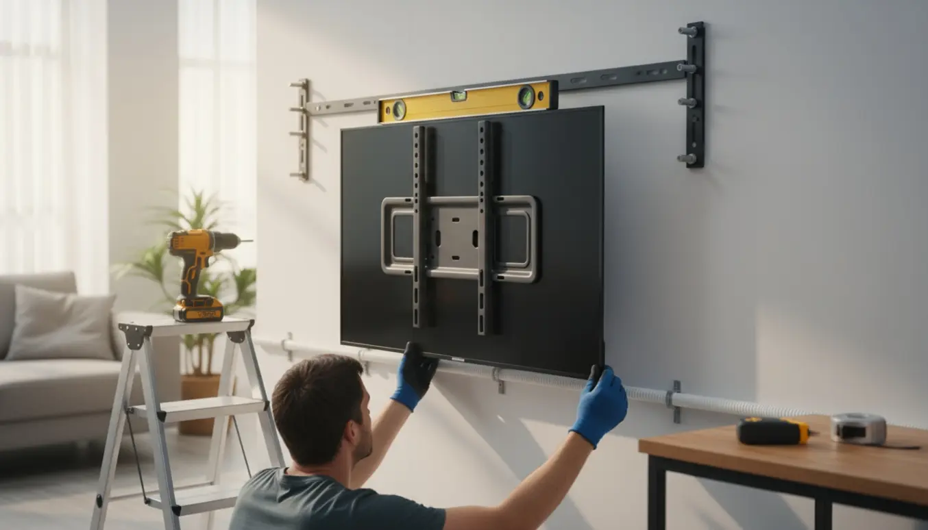 En stor fladskærm monteres på en gipsvæg med værktøj og hænder i fokus.