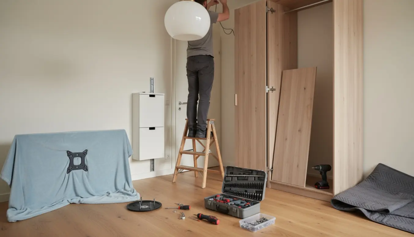 Lyst værelse med værktøj, en person set bagfra på en skammel, der afmonterer en rund loftslampe, delvist adskilt klædeskab og et fjernsyn lagt ned.