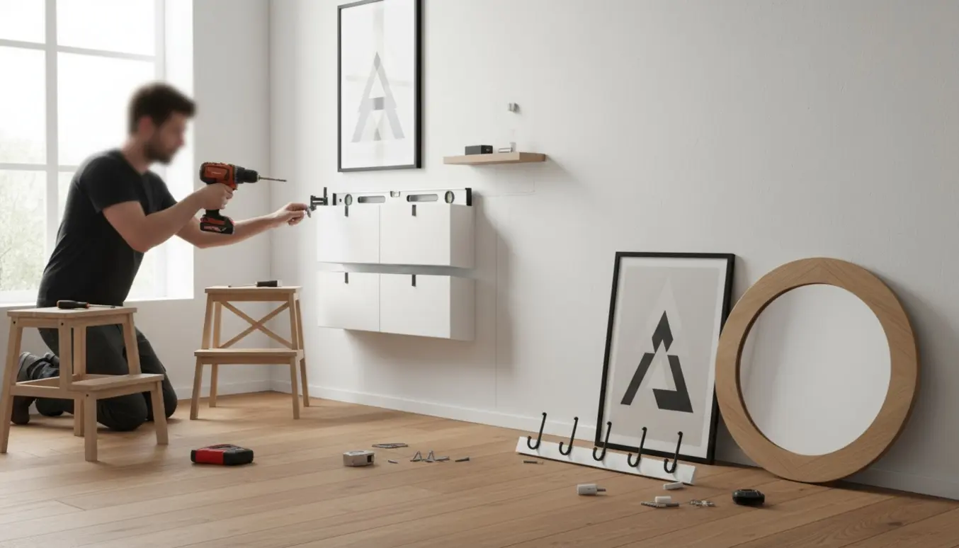 En handyman monterer plakater, en hylde, et spejl og to væghængte bokse til sko i en lys entre.