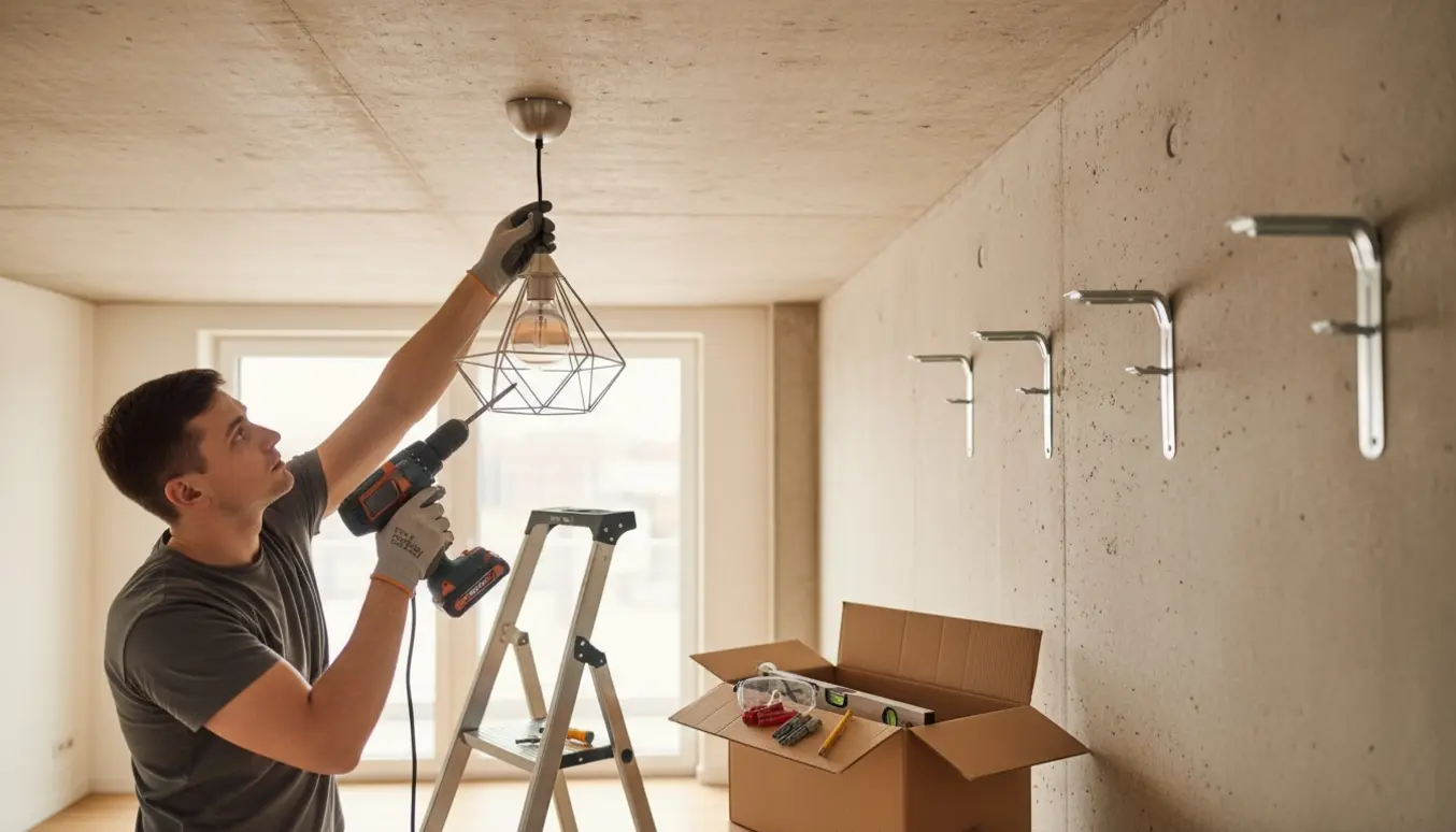 Installatør monterer loftlampe og 2 m gardinstang på betonvæg med værktøj omkring.