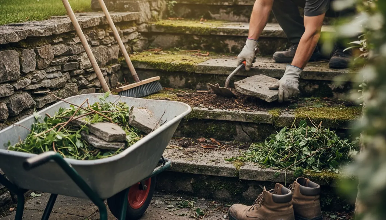 Nærbillede af oprydning af haveaffald og knust beton fra en lille trappe med skovl og trillebør.
