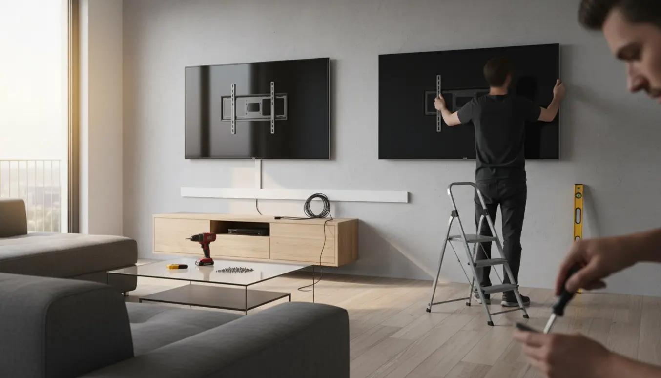 To fladskærme monteres på en væg i en lys stue med værktøj og kabler klar.