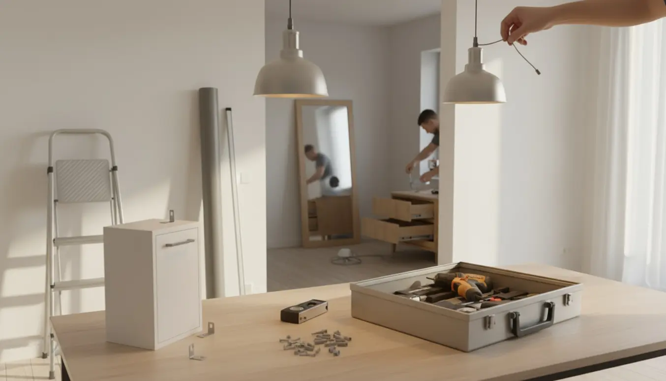 Hænder monterer lamper og retteskinnesystemer i en lys lejlighed med værktøj og et stort spejl klar til ophæng.