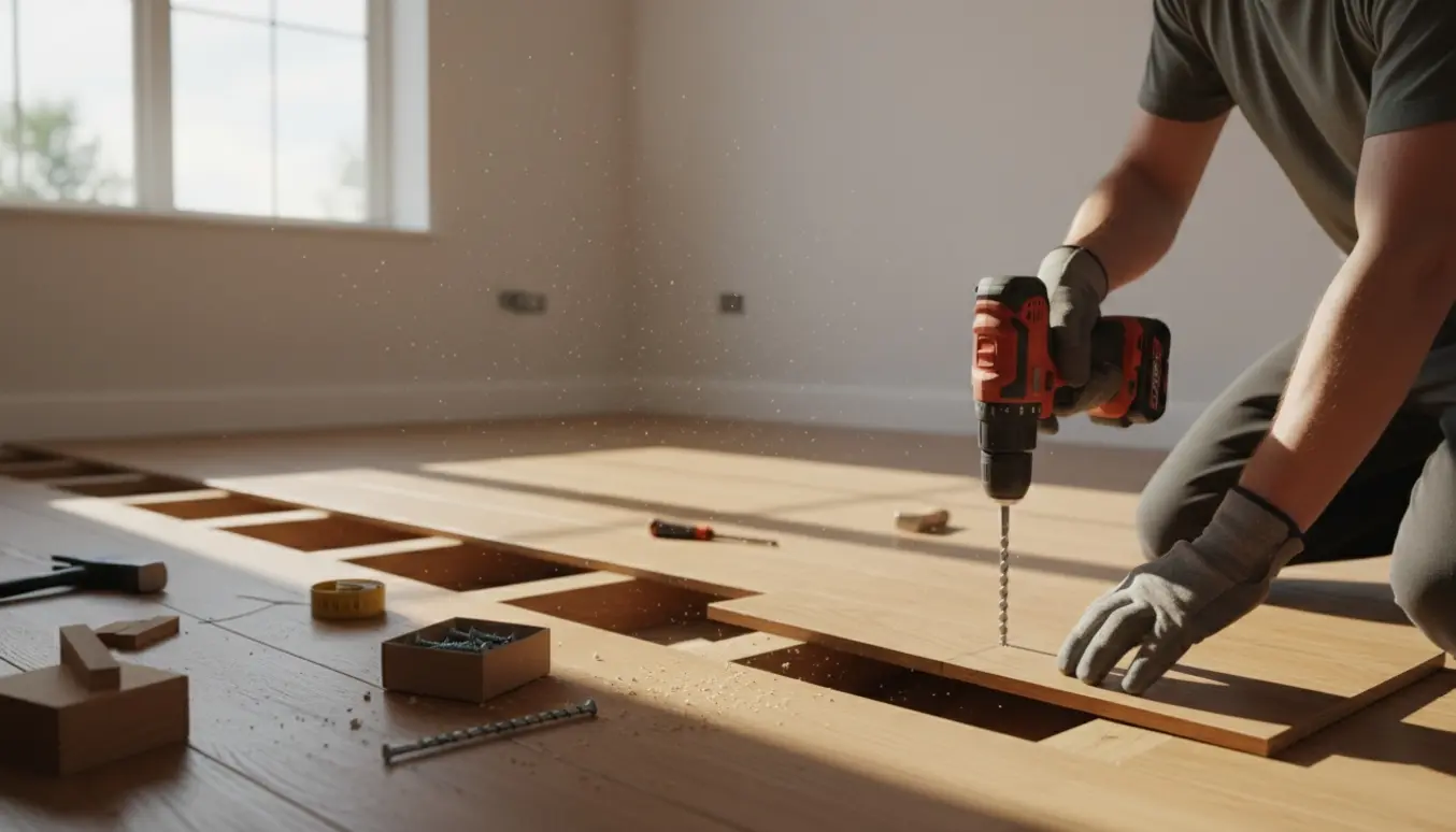 Person (ansigt ude af billedet) fikserer knirkende plankegulv i et tomt rum med boremaskine og skruer.