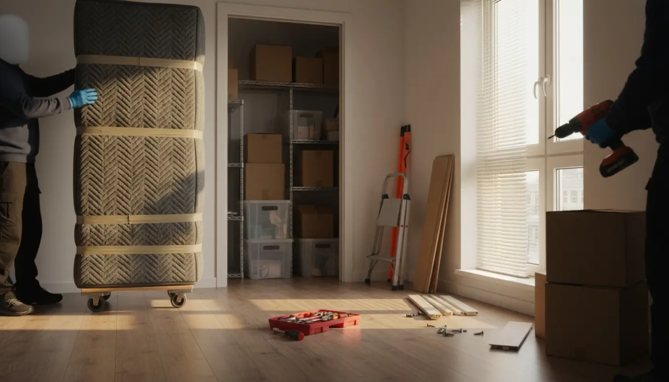 Flyttefolk fjerner møbler og tager persienner ned i en lejlighed med kasser og opbevaringsrum i baggrunden.