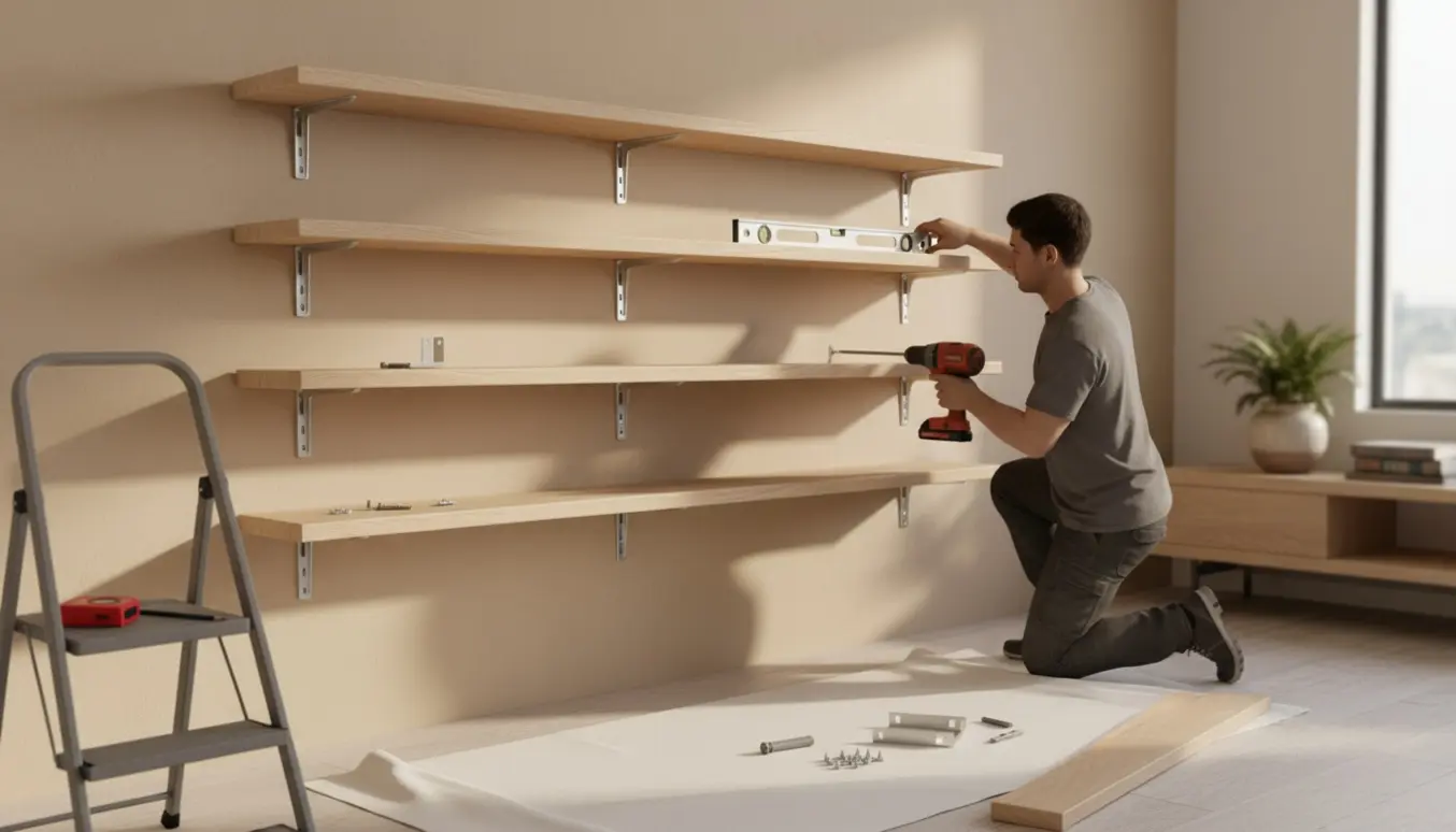 Hænder monterer seks lyse træhylder på en neutral væg i en moderne stue.