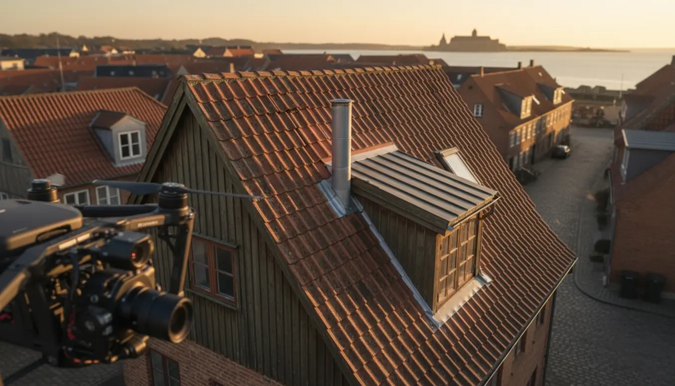 Dronefoto af et rødt tegltag i Helsingørs bymidte i varmt eftermiddagslys.