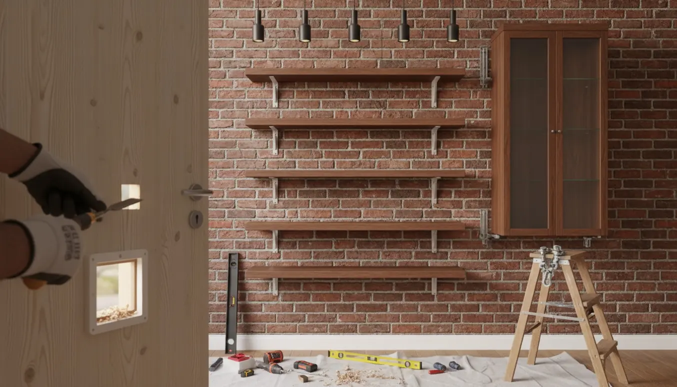 Håndværker monterer træreoler og vitrineskab på murstensvæg, mens en kattelem saves i en trædør.