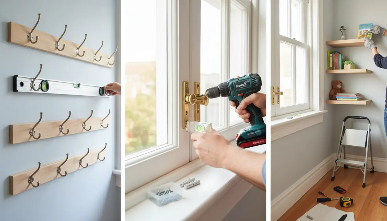 Hænder monterer knagerækker, vindueshasper og hylder i en lys gang og børneværelse.