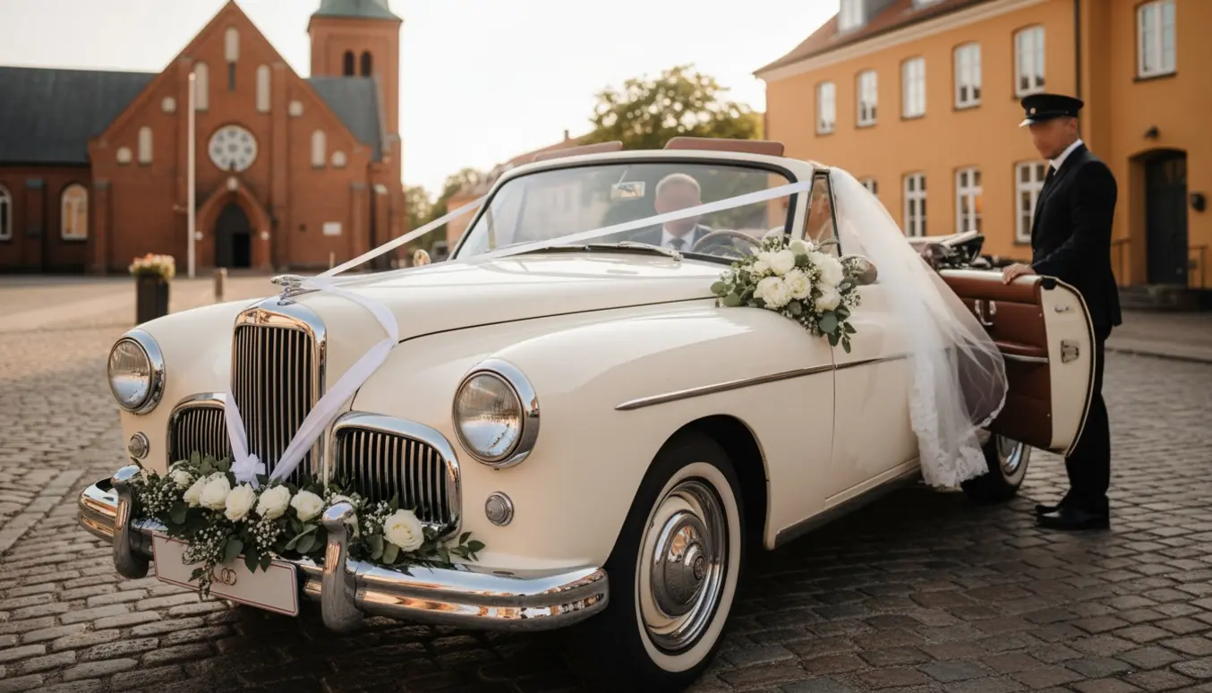 En klassisk veteranbil med brudepar og blomster parkeret foran en rødstenskirke i Sorø i varmt dagslys.