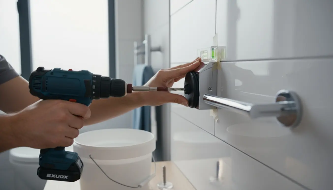 Hænder monterer en krom toiletrulleholder på en flisevæg med boremaskine og masking tape.