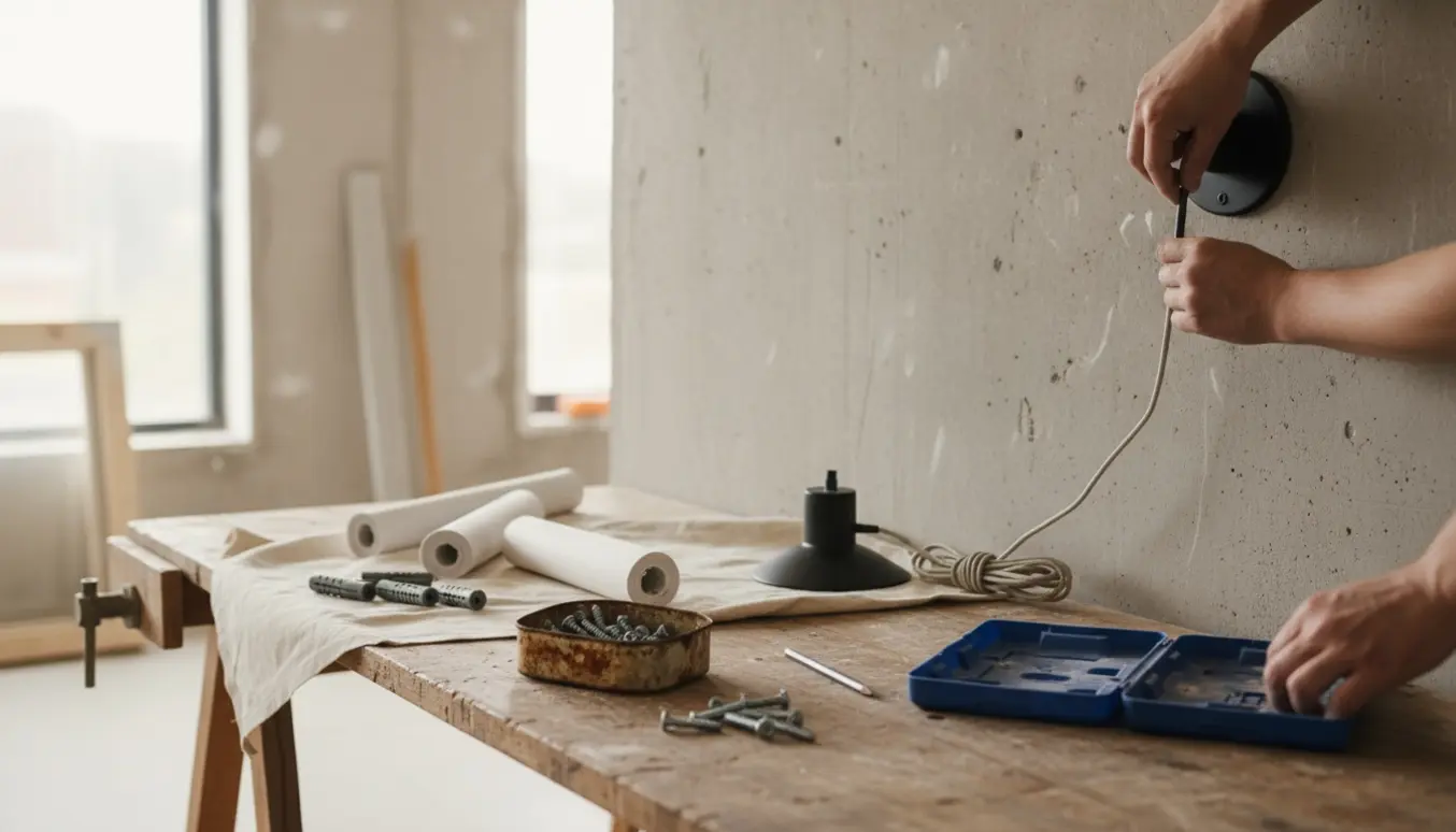 Hænder forbereder opsætning af en lampe og to små rullegardiner på en betonvæg med ti skruer på et arbejdsbord.