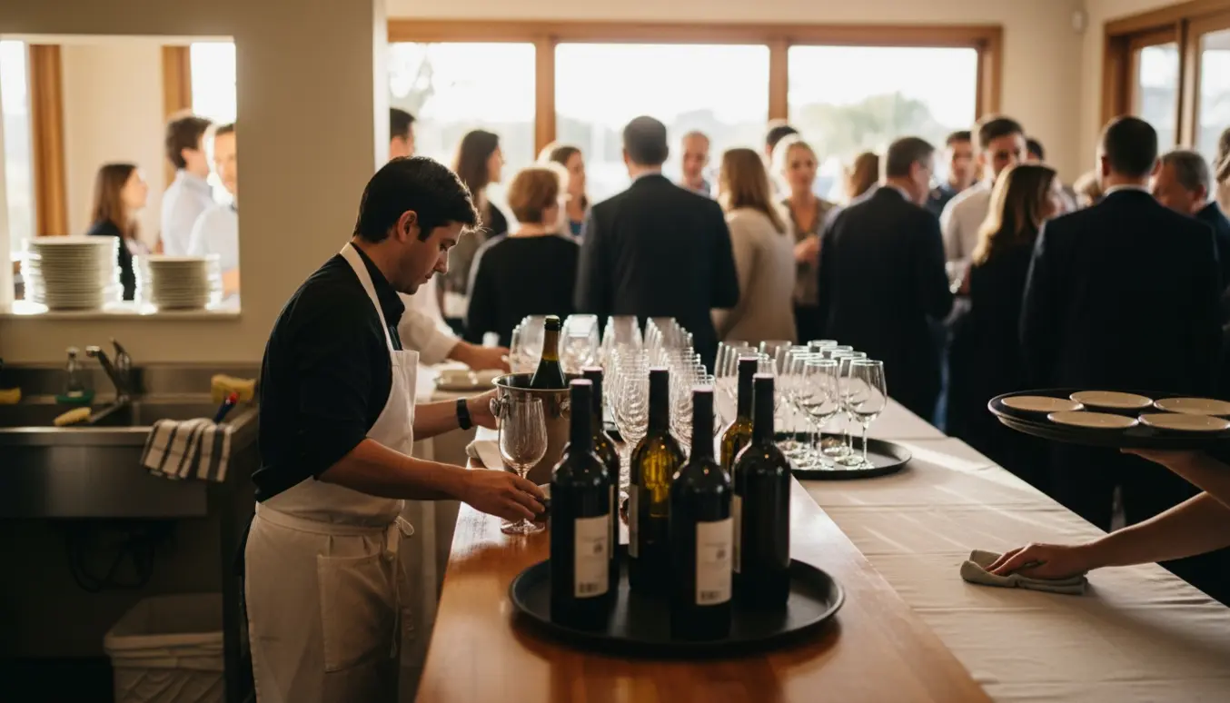 Nærbillede af hænder der dækker bar, rydder tallerkener og gør rent til et åbent hus-reception.