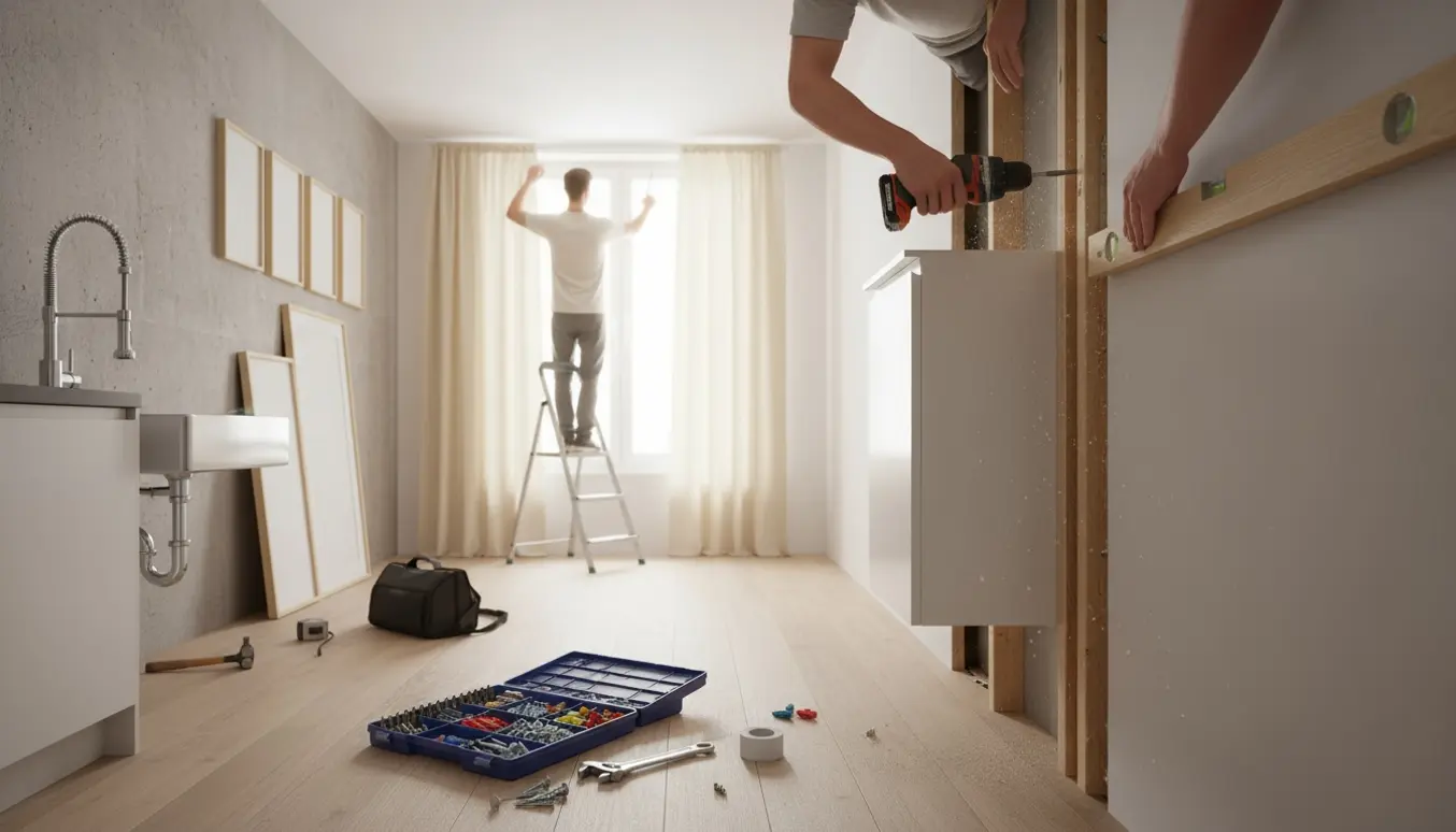 Hænder monterer køkkenarmatur, badeværelsesskab, billeder, gardin og knagerække i en lys lejlighed.