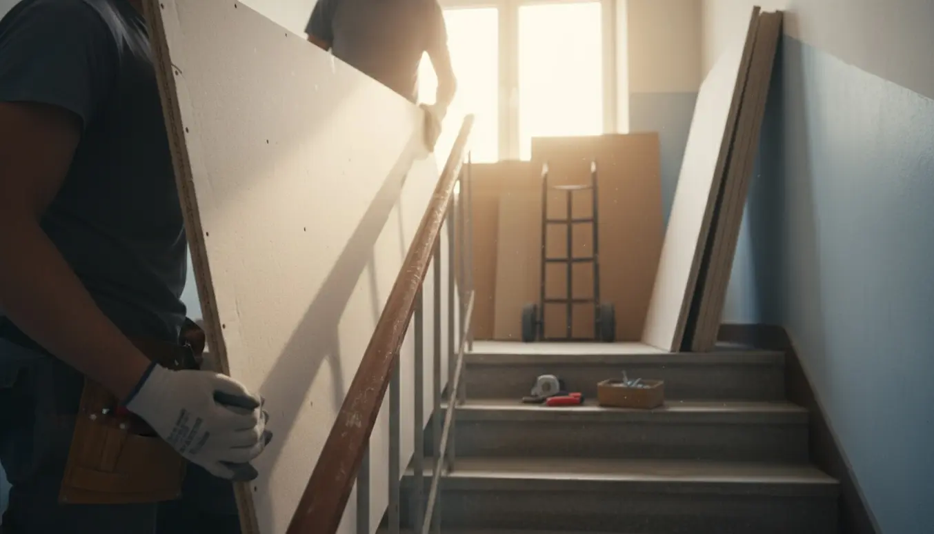 To håndværkere bærer gipsplader op ad en opgang badet i naturligt lys.
