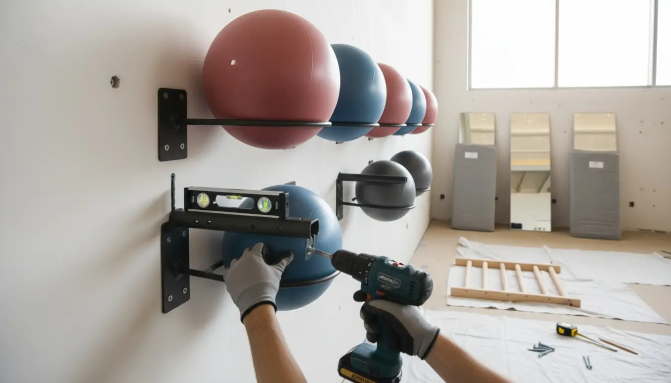 Nærbillede af montering af hyldeknægte til store træningsbolde på en blød gipsvæg med værktøj og nedtagne spejle i baggrunden.