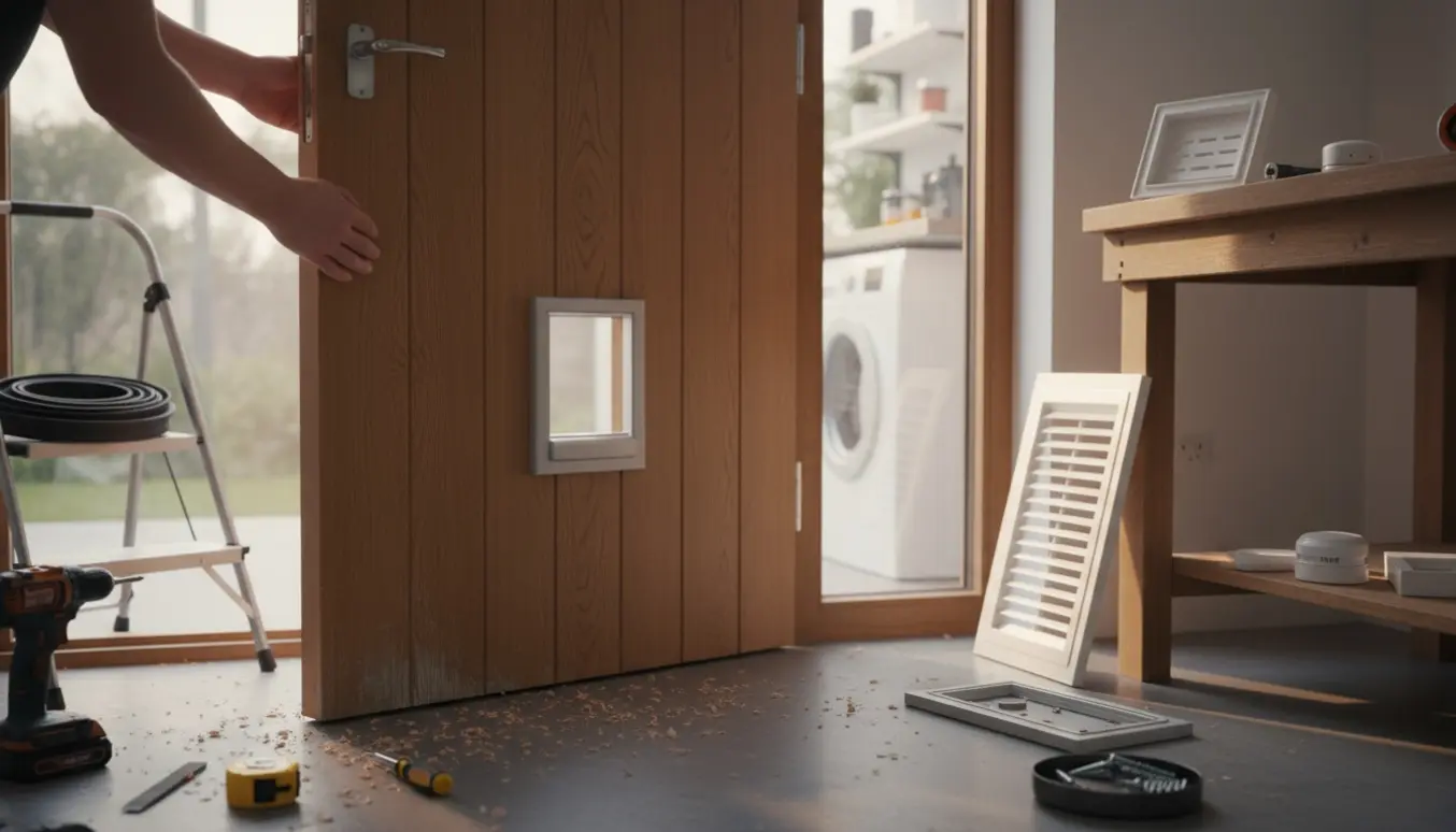 Nærbillede af montering af kattelem i hoveddør med værktøj, gummiliste og nye ventiler ved siden af.