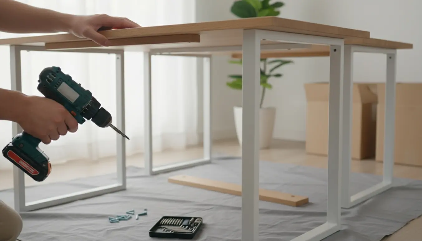 Hænder skruer en støtteplade fast under en bordplade under montering af to skriveborde i et lyst rum.