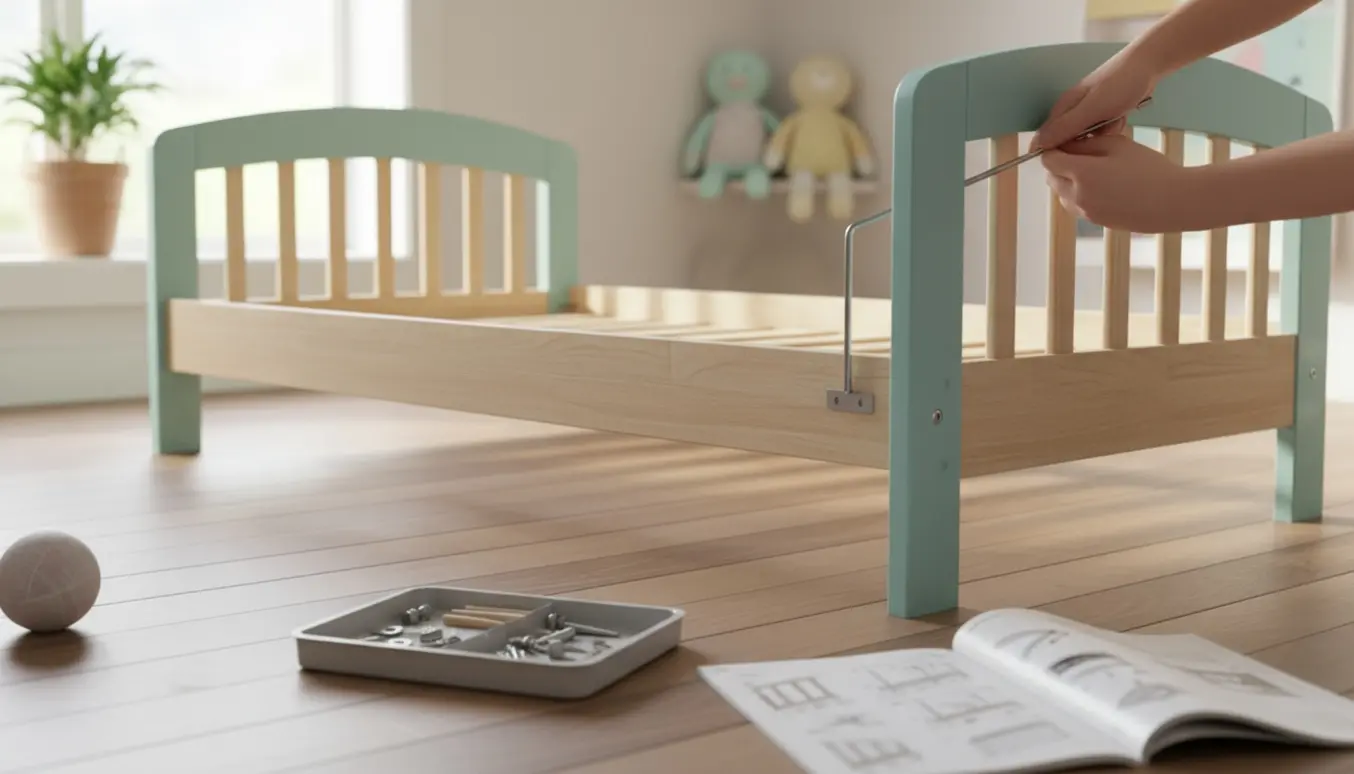 Hænder samler en Flexa Freja børneseng 90x200 cm i et lyst, skandinavisk børneværelse med værktøj og trælameller.