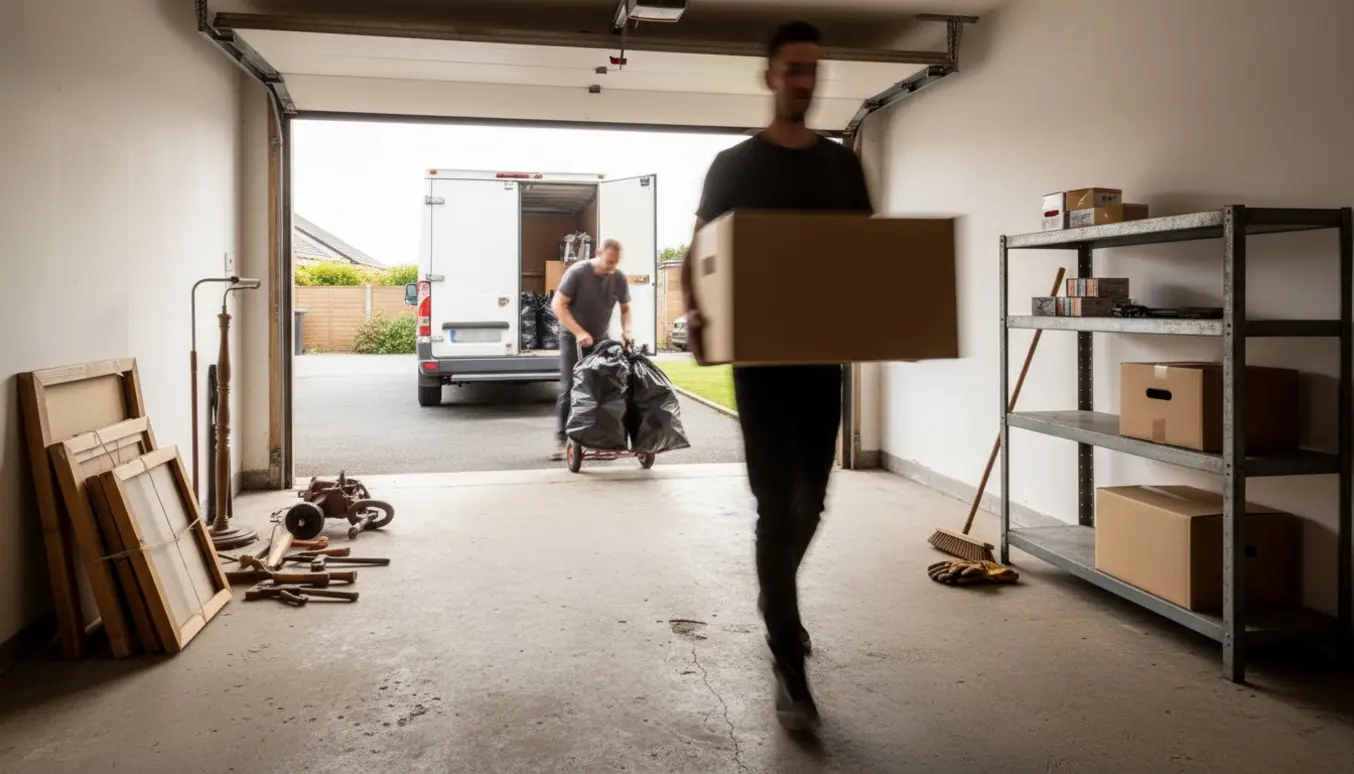 Åben garage med en person, der bærer en kasse fra en reol mod en varevogn for at fjerne boligaffald.
