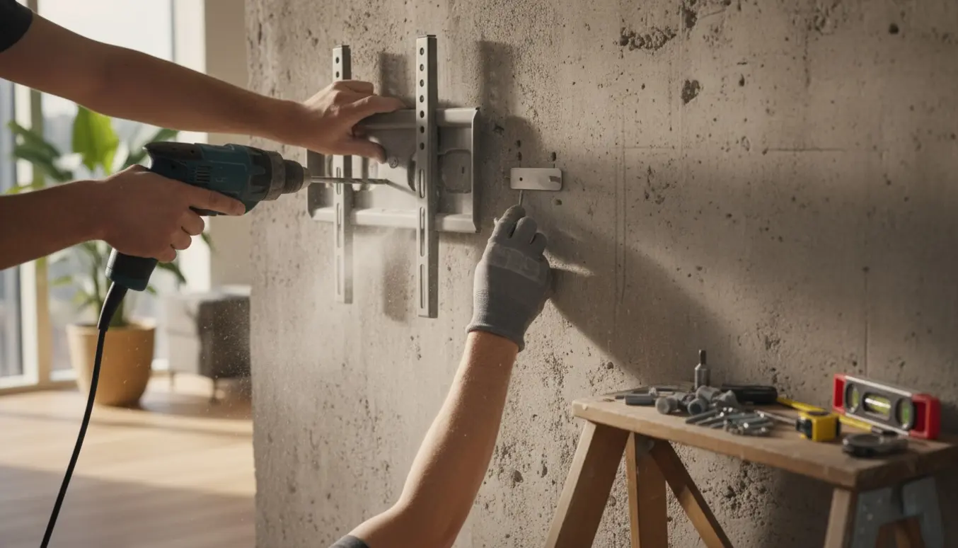 Hænder monterer et 43 tommers TV-beslag på en betonvæg, mens en knage skrues op ved siden af.