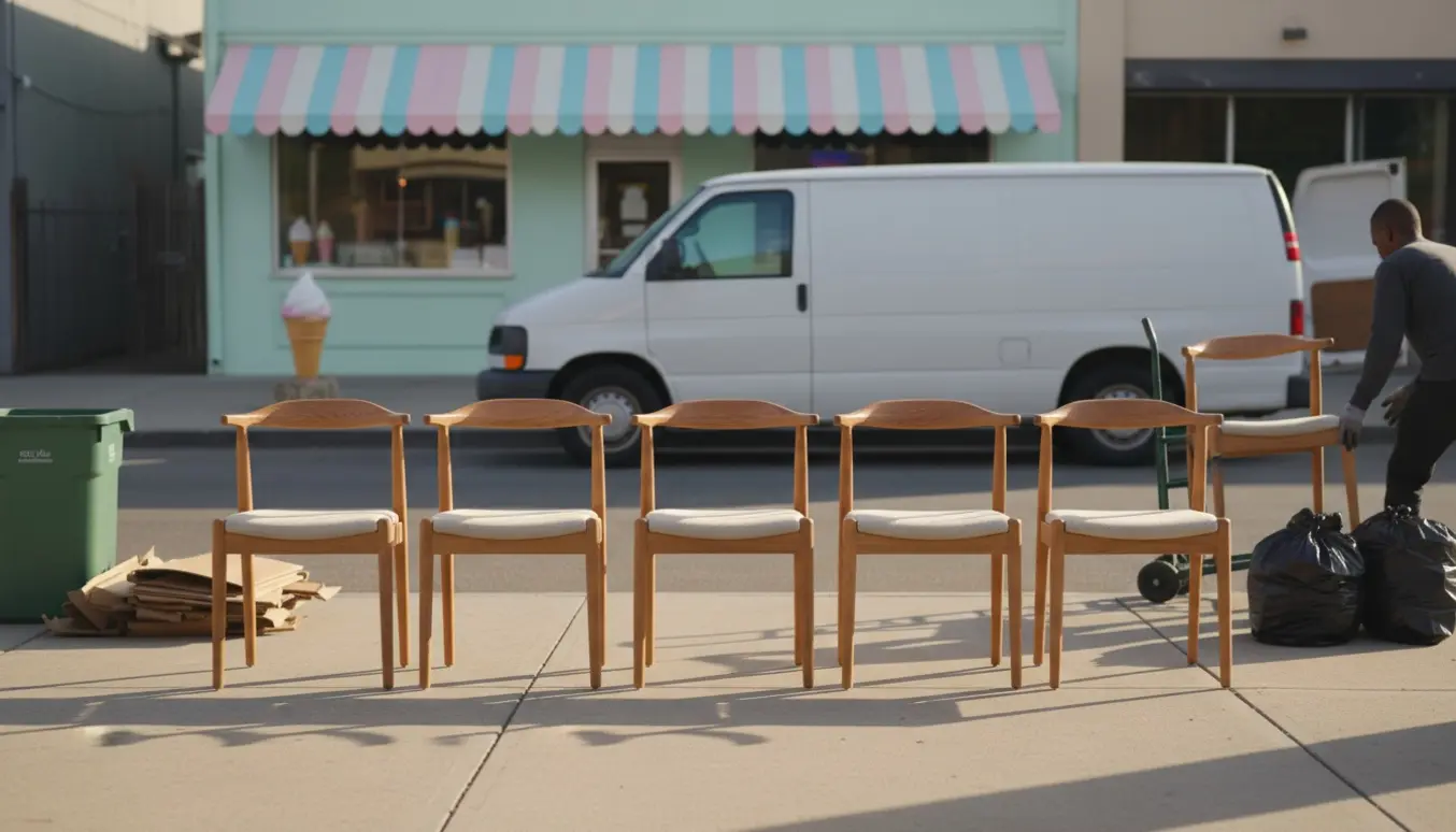 Fem lette spisestole ved kantstenen klar til afhentning foran en isbutik på en tidlig morgen.