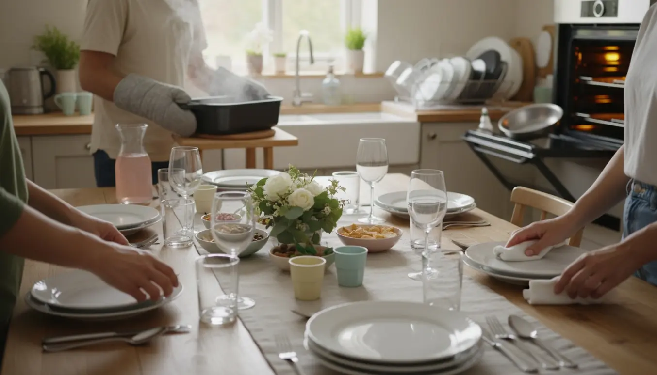Hænder anretter desserter og velkomstdrinks på et pyntet bord til barnedåb, mens opvask og afrydning foregår i baggrunden.