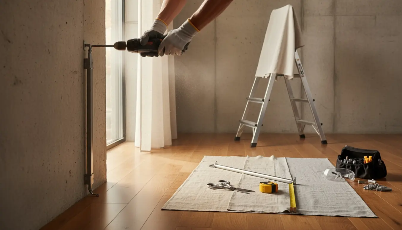 Nogen monterer fire gardiner på betonvægge med boremaskine, mens stof måles og klippes.