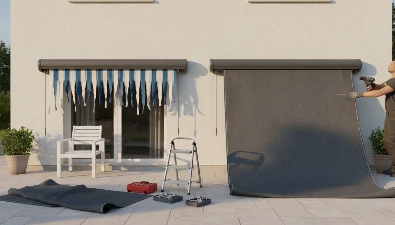 Udskiftning af duge på to motoriserede markiser set fra jorden med værktøj og ny dug på terrassen.